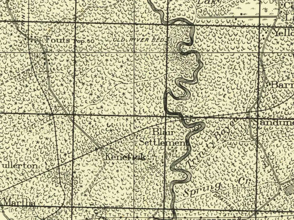 1943 U.S. Army map of the Kenefick area showing Kenefick on the railroad, Blair Settlement to the east and Fouts with a schoolhouse to the northwest