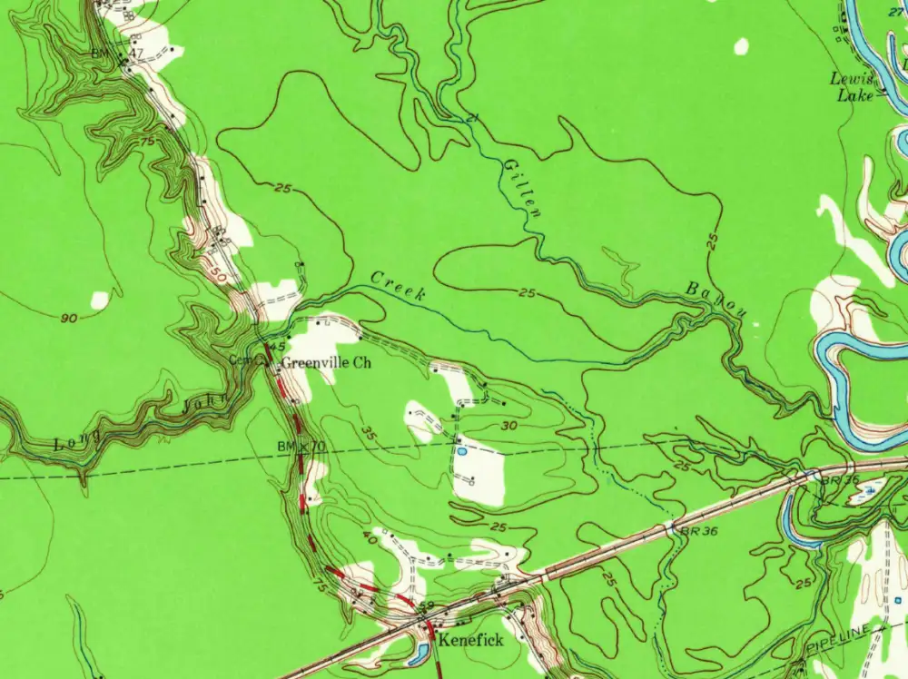 1955 U.S. Geological Survey map showing Kenefick on the railroad and Greenville Church and cemetery to the north