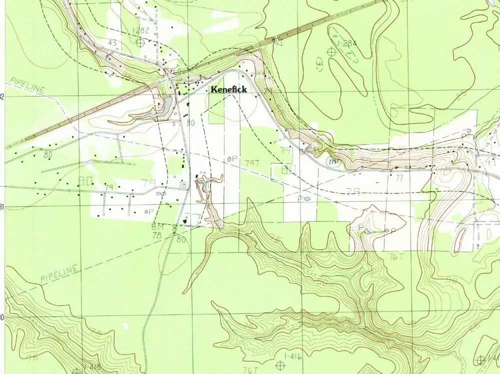 1984 U.S. Geological Survey map of Kenefick showing FM 2797 running east from town